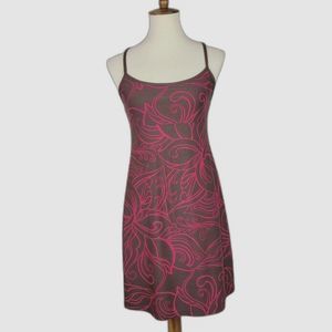 Athleta Brown Hot Pink Floral Spaghetti Strap Fit Flare Knee Length Dress S